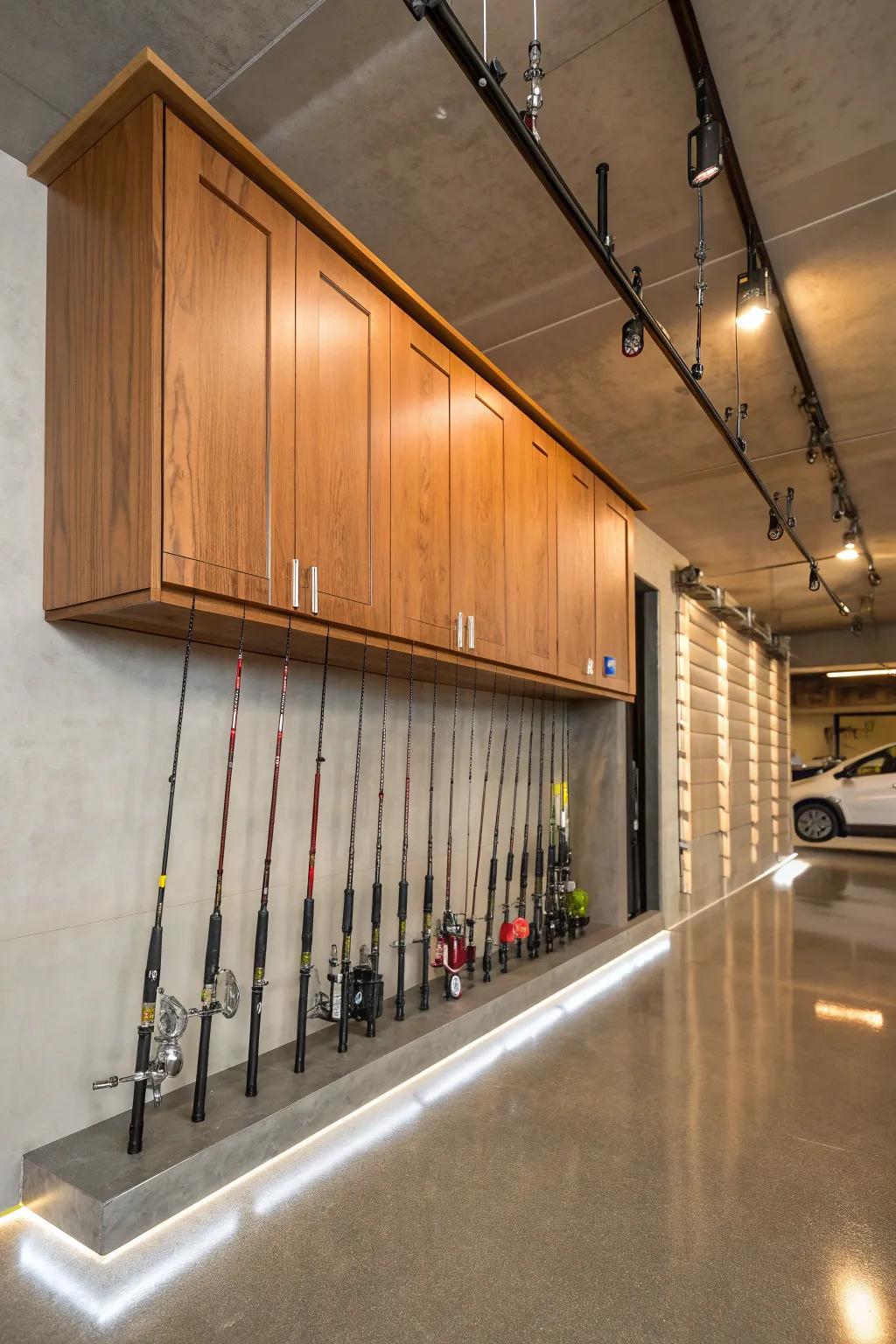 Effortless elegance: Transform garage space with stylish under-cabinet fishing rod storage.