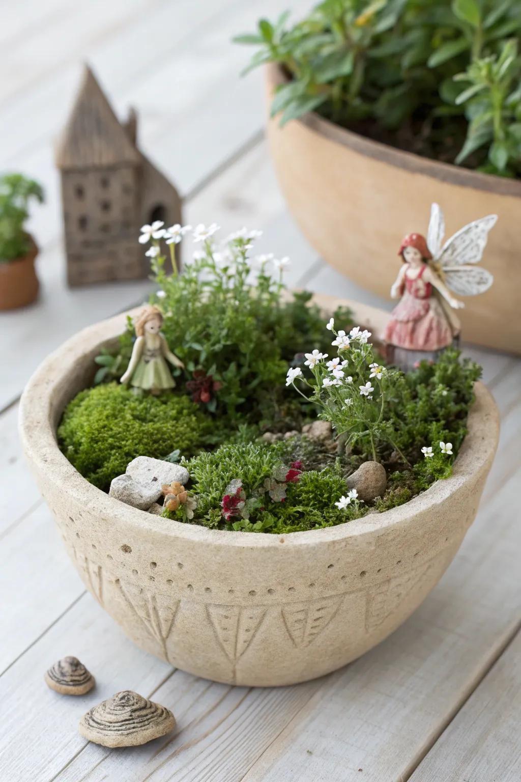 Enchant your senses with a whimsical miniature fairy garden, perfect for adding a touch of magic to any space.