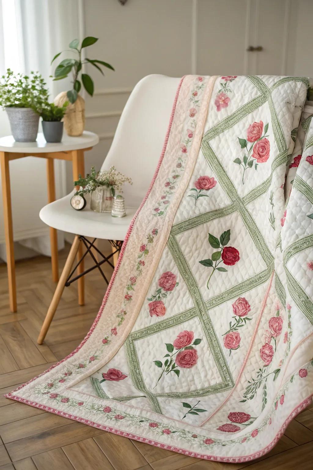 Embrace elegance with a rose trellis quilt, where simplicity meets intricate design.
