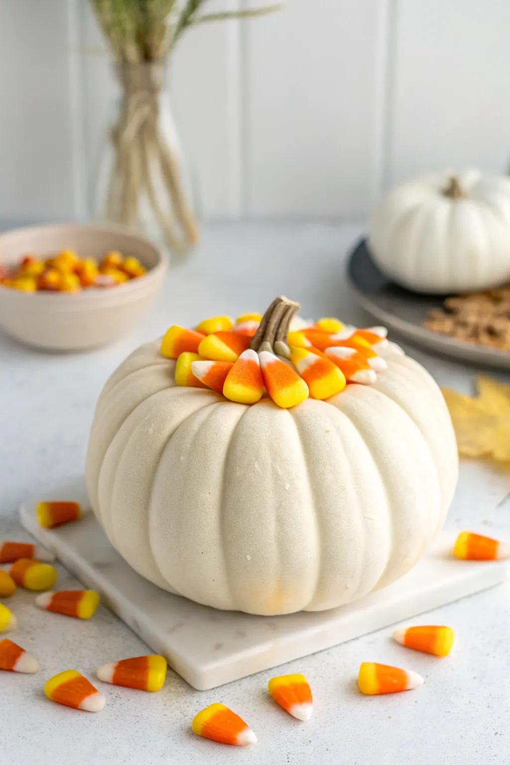 Sweeten your fall decor with this charming candy corn pumpkin design!