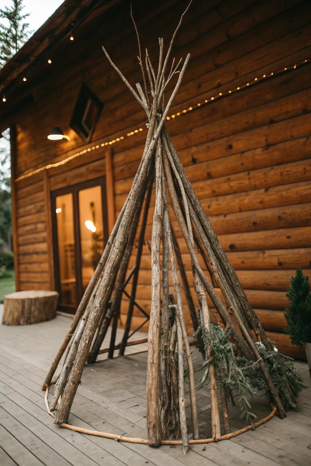 Embrace nature indoors with this rustic stick teepee design.