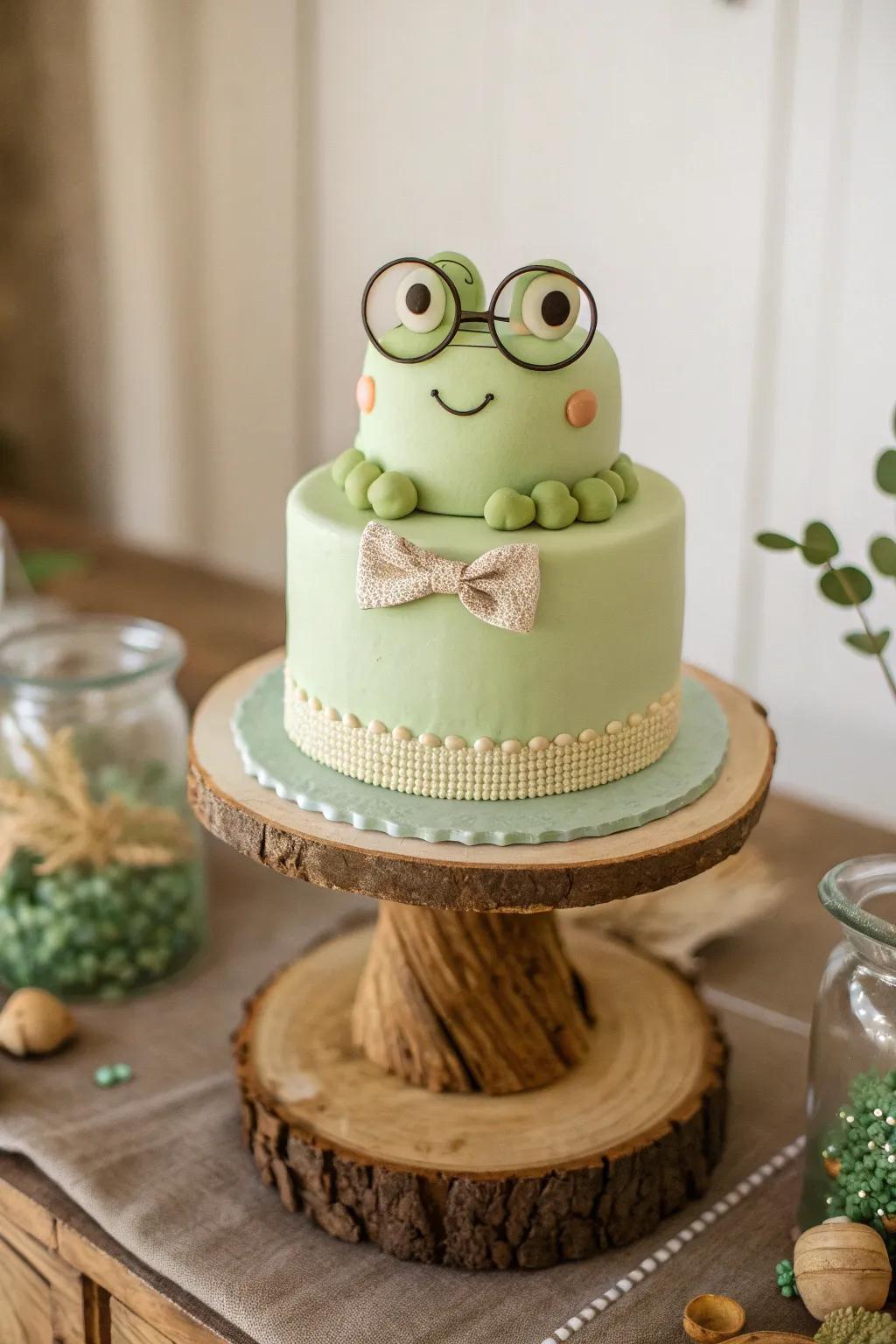 Meet the Frog with a Twist: A minimalist cake delight that charms with its whimsical accessories and Scandinavian-Boho flair.