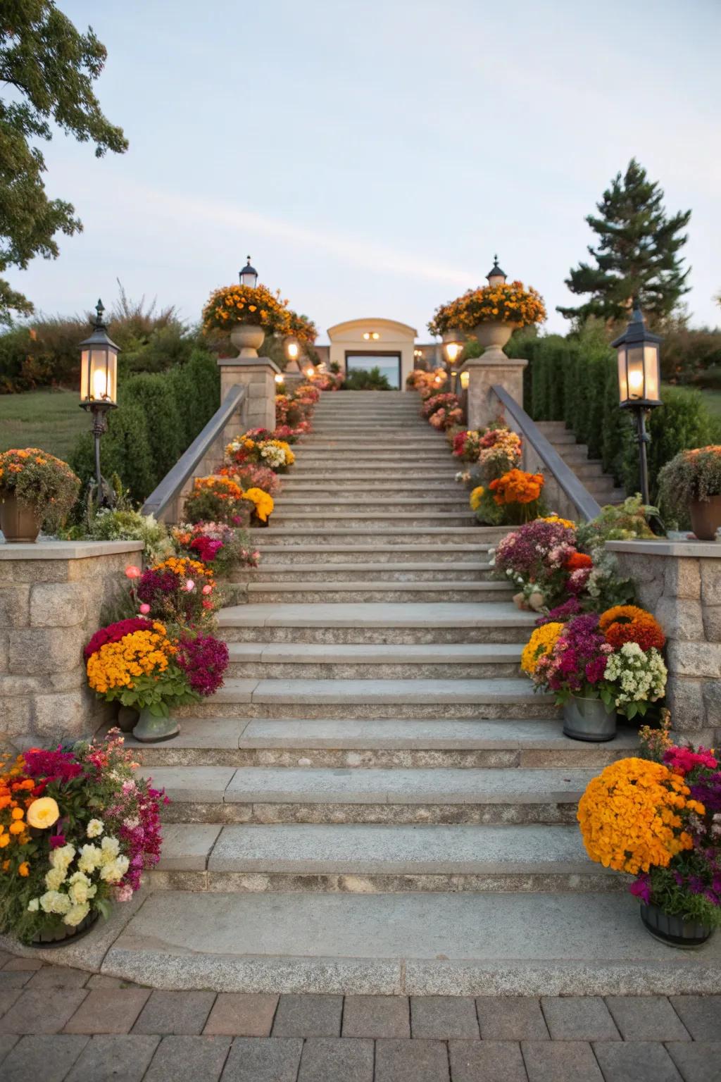 Floral accents add color to granite steps.