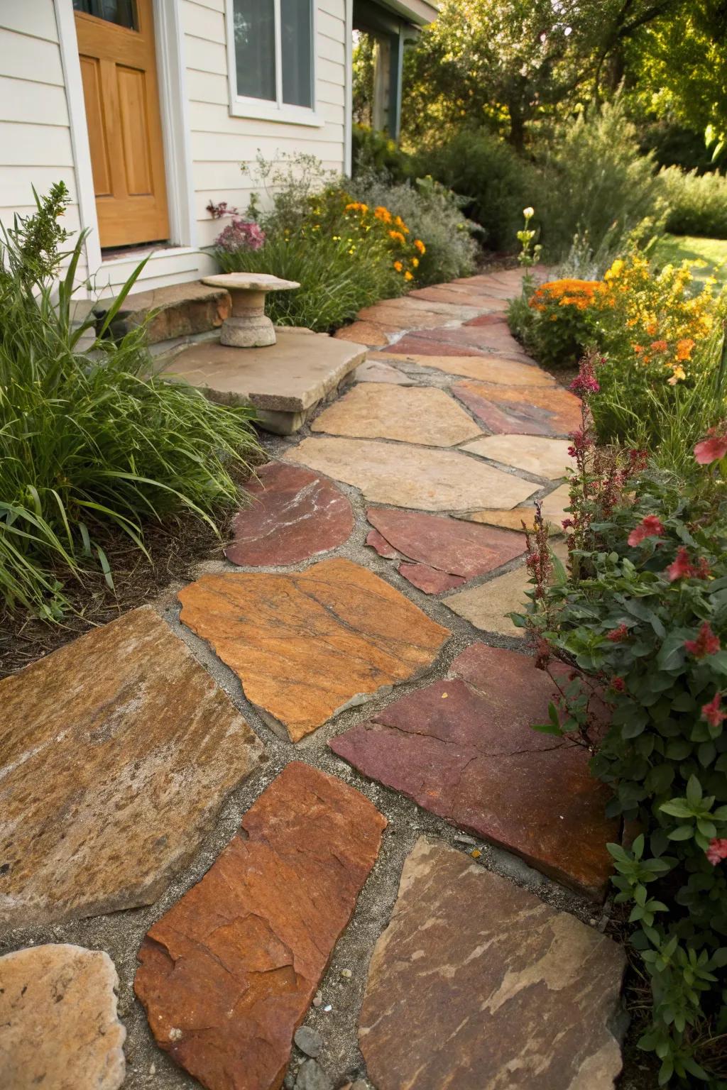 Embrace warmth and welcome with a cozy stepping stone path.