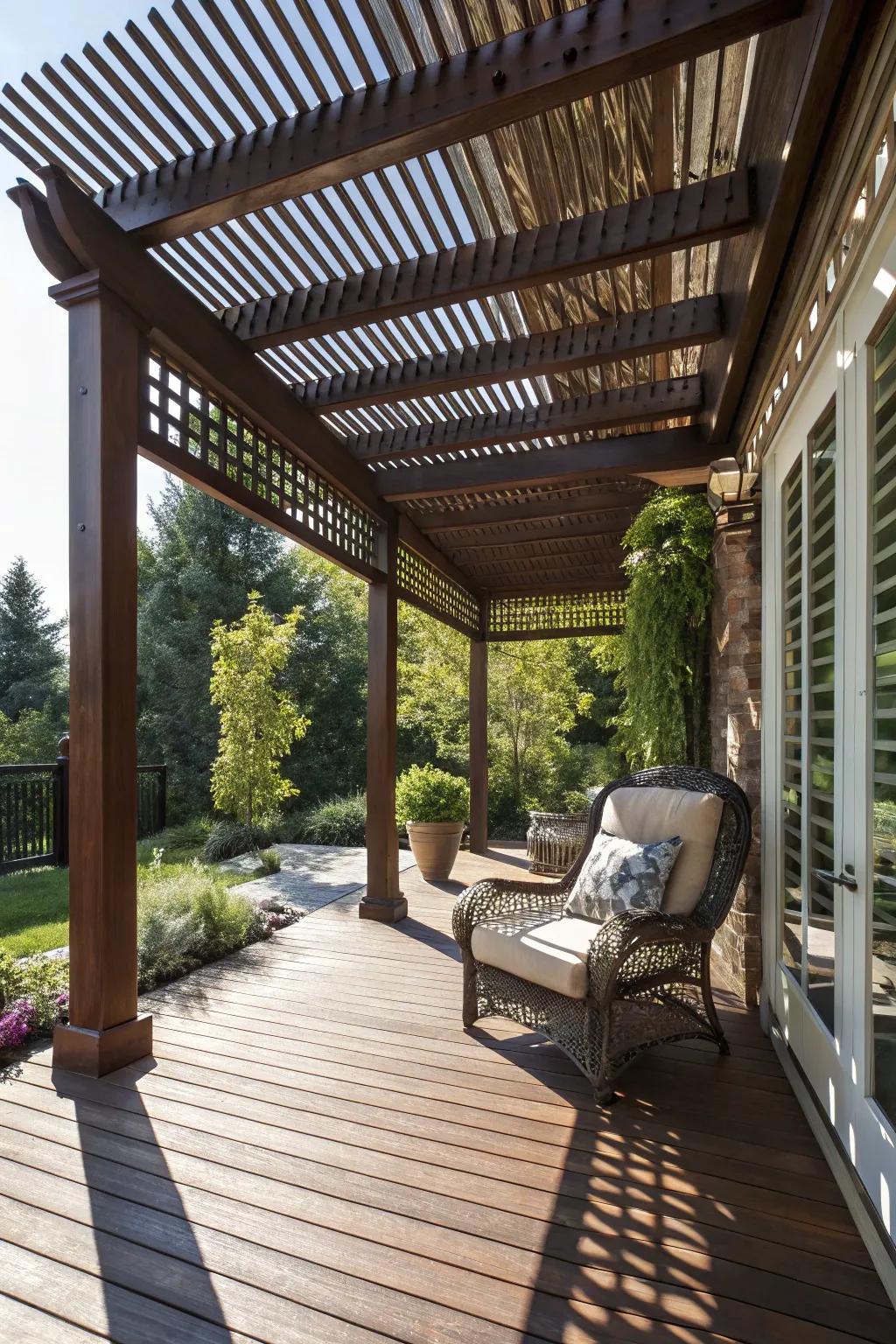Embrace the perfect blend of sun and shade with a sleek slatted roof pergola.