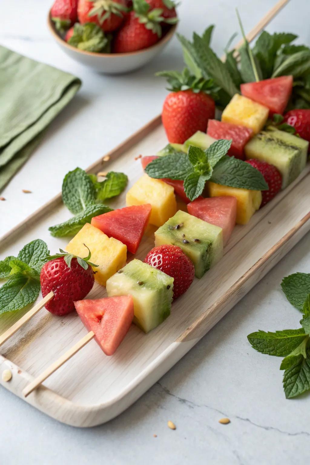 Elevate your fruit kabobs with a fragrant twist of mint for a refreshing and aromatic delight.