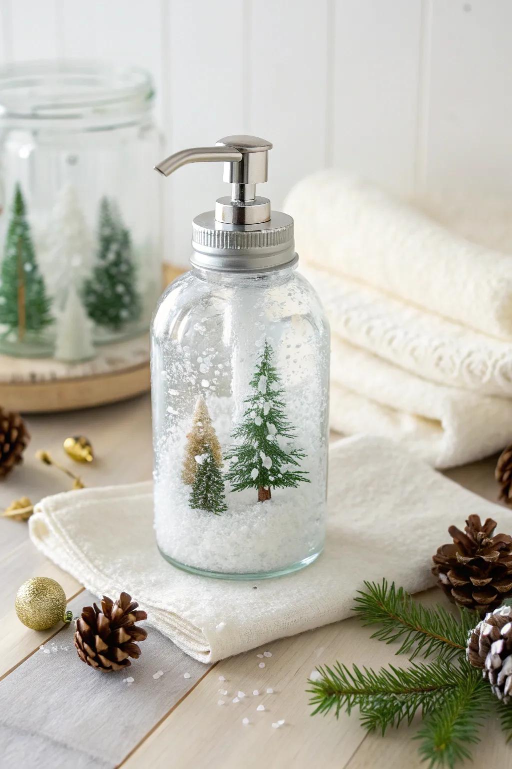 Transform your handwashing routine with a whimsical touch – a handcrafted snow globe soap pump that blends simplicity and festive charm!