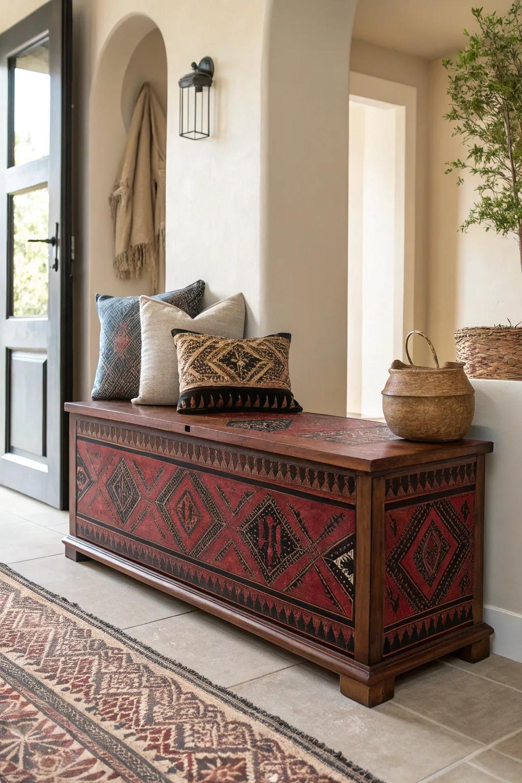 Add a splash of culture and color to your entryway with a tribal storage bench.