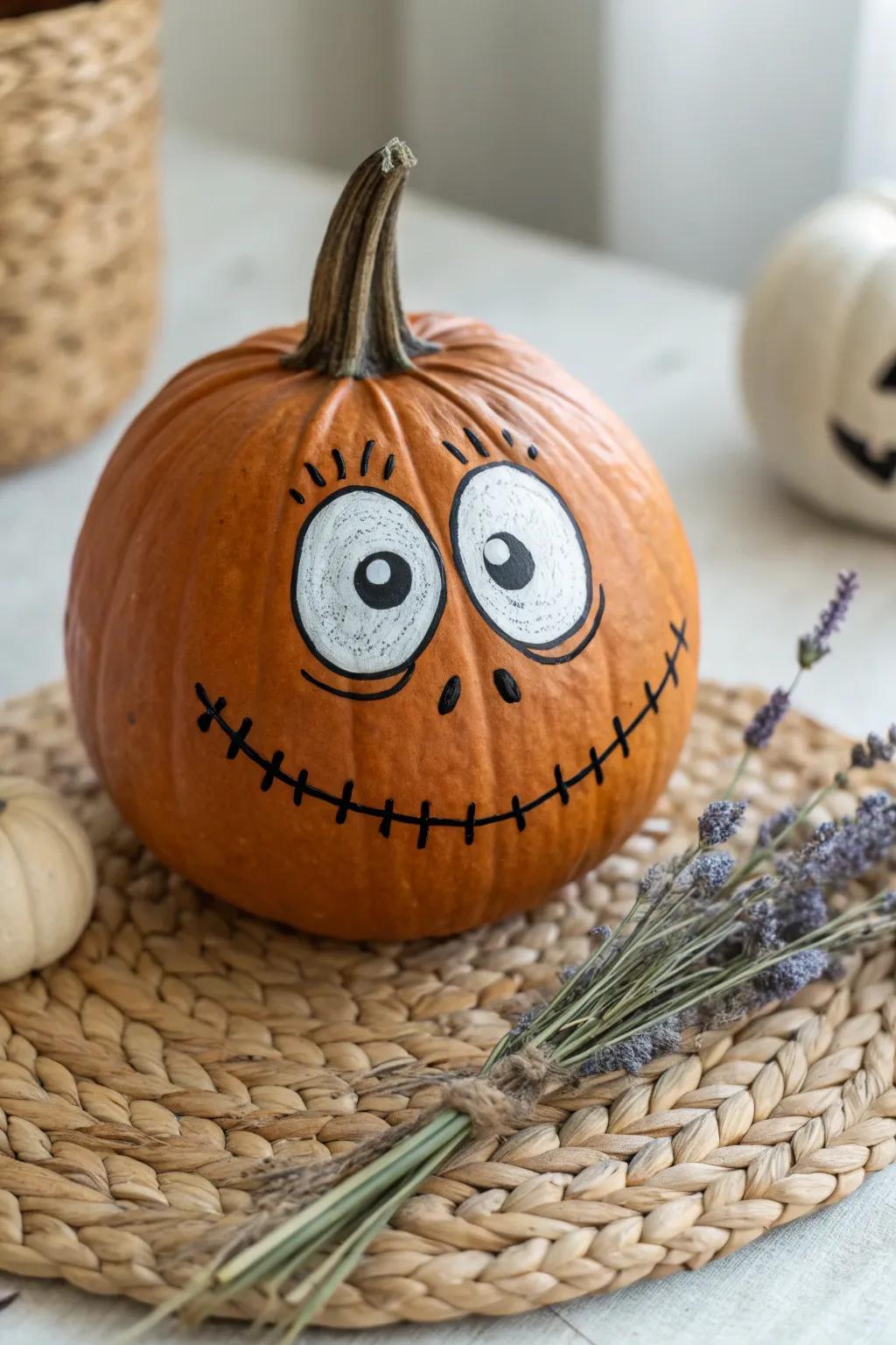 Bring a smile to your space with this whimsically painted pumpkin—perfect for a lighthearted Halloween vibe!