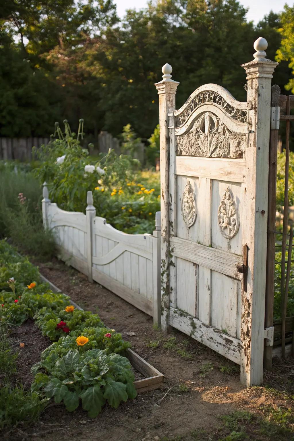 Transform an old headboard into a charming garden gate for a touch of rustic elegance.