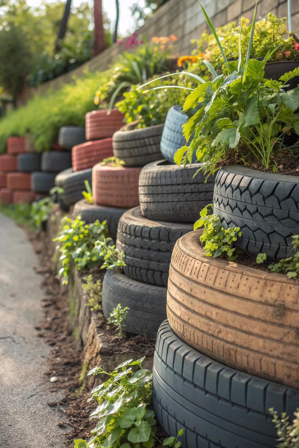 Sustainable Style: Transform your garden with an eco-friendly tire retaining wall.