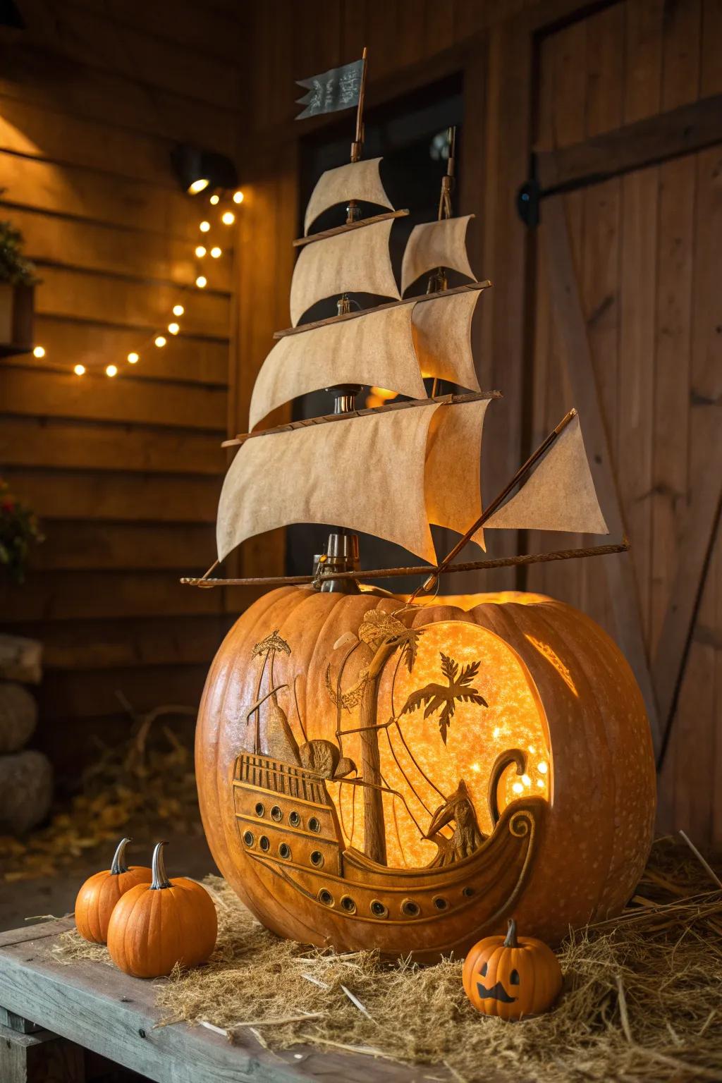 Embark on an epic adventure with this stunning pumpkin pirate ship carving, where creativity meets craftsmanship.