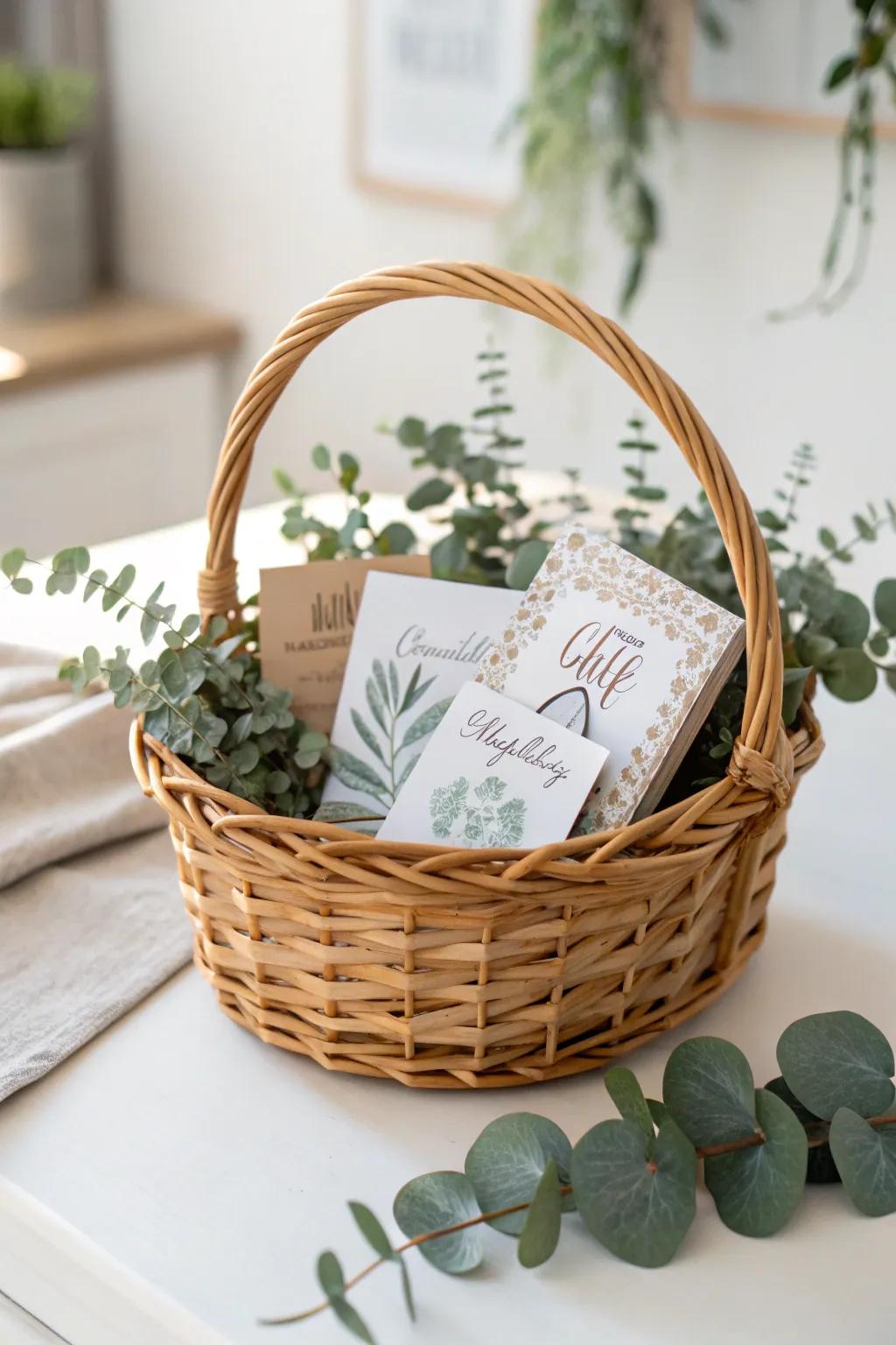 Discover the elegance of simplicity with this charming gift card bouquet in a wicker wonder.