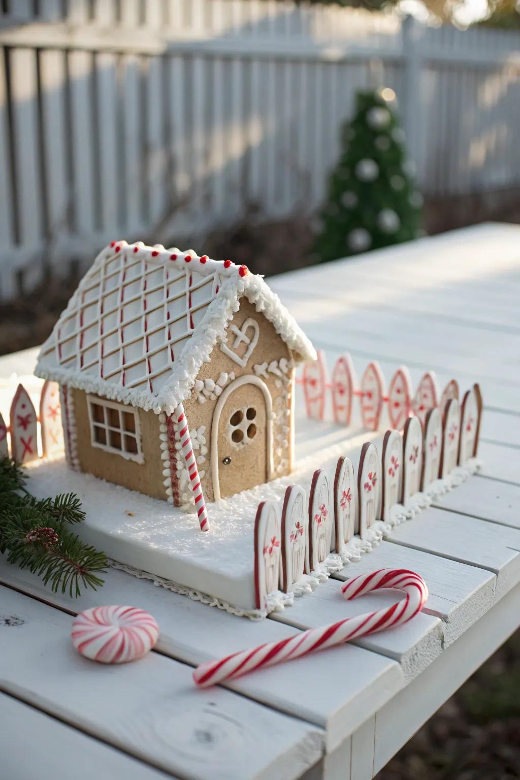 Sweet simplicity: A gingerbread house with a charming candy cane fence, perfect for the festive season.