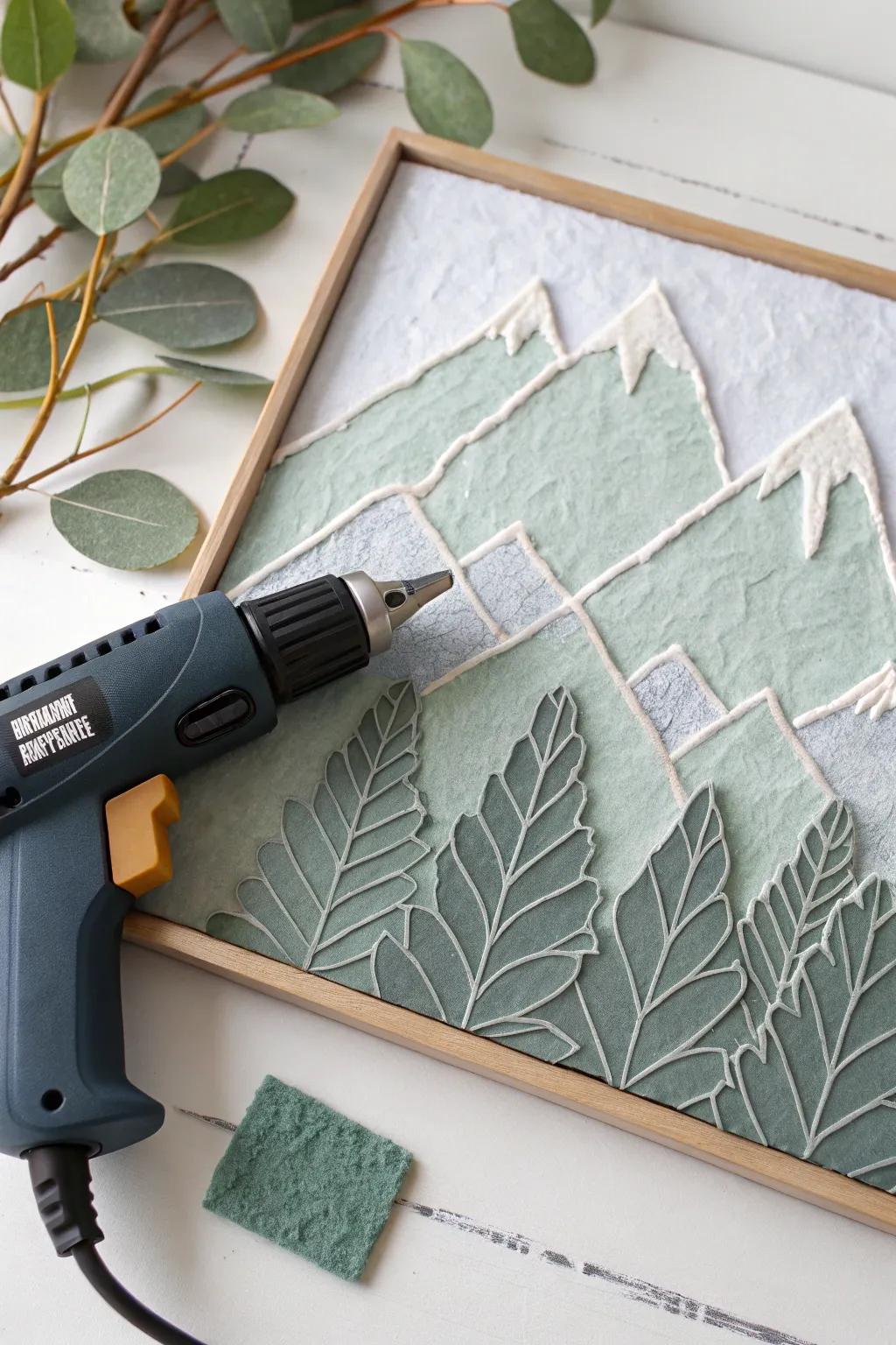 Explore the serene beauty of textured mountain ranges with glue gun artistry, blending simplicity and natural elegance.