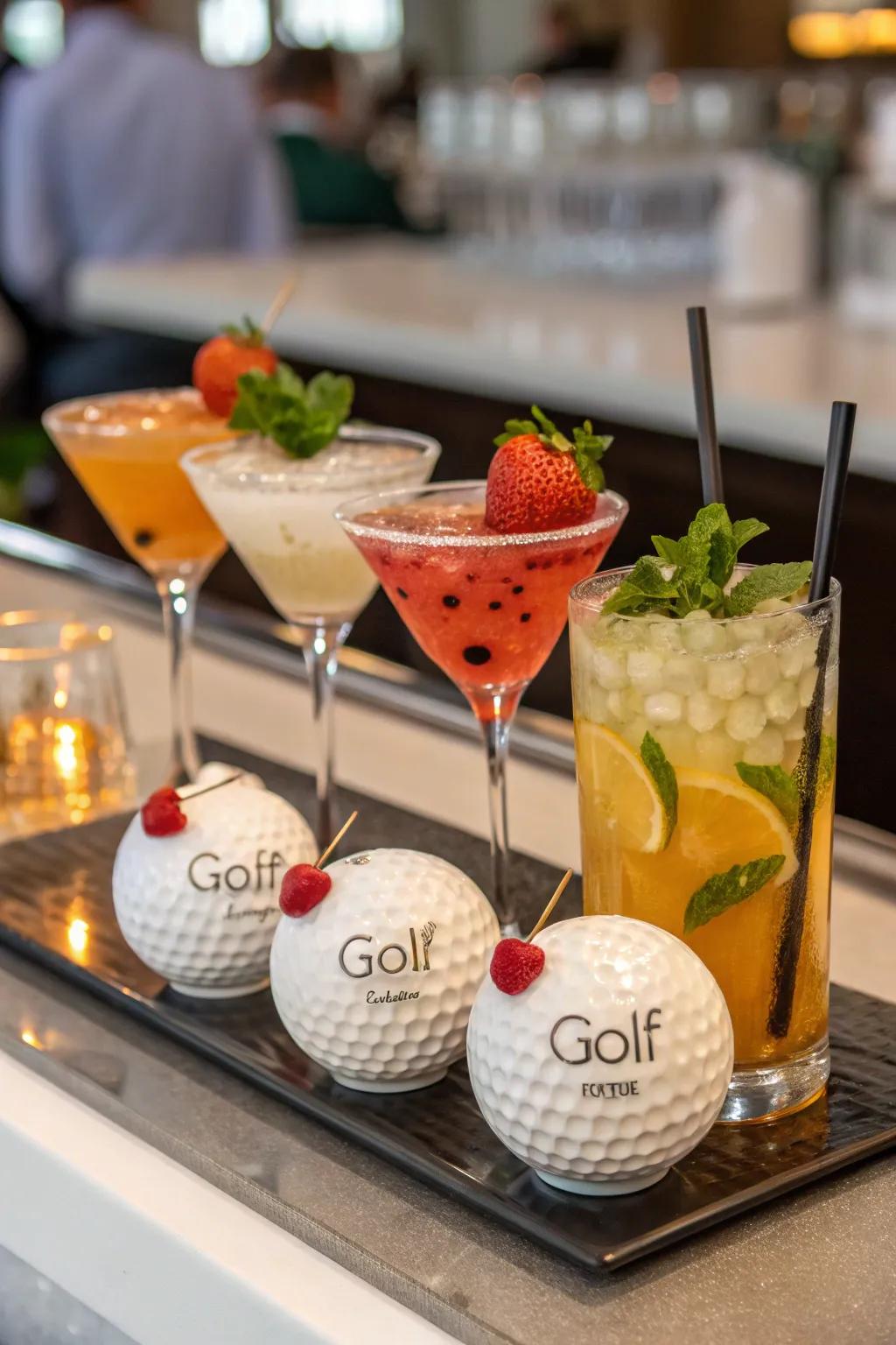 Signature golf-themed cocktails add a unique touch to the bar menu.