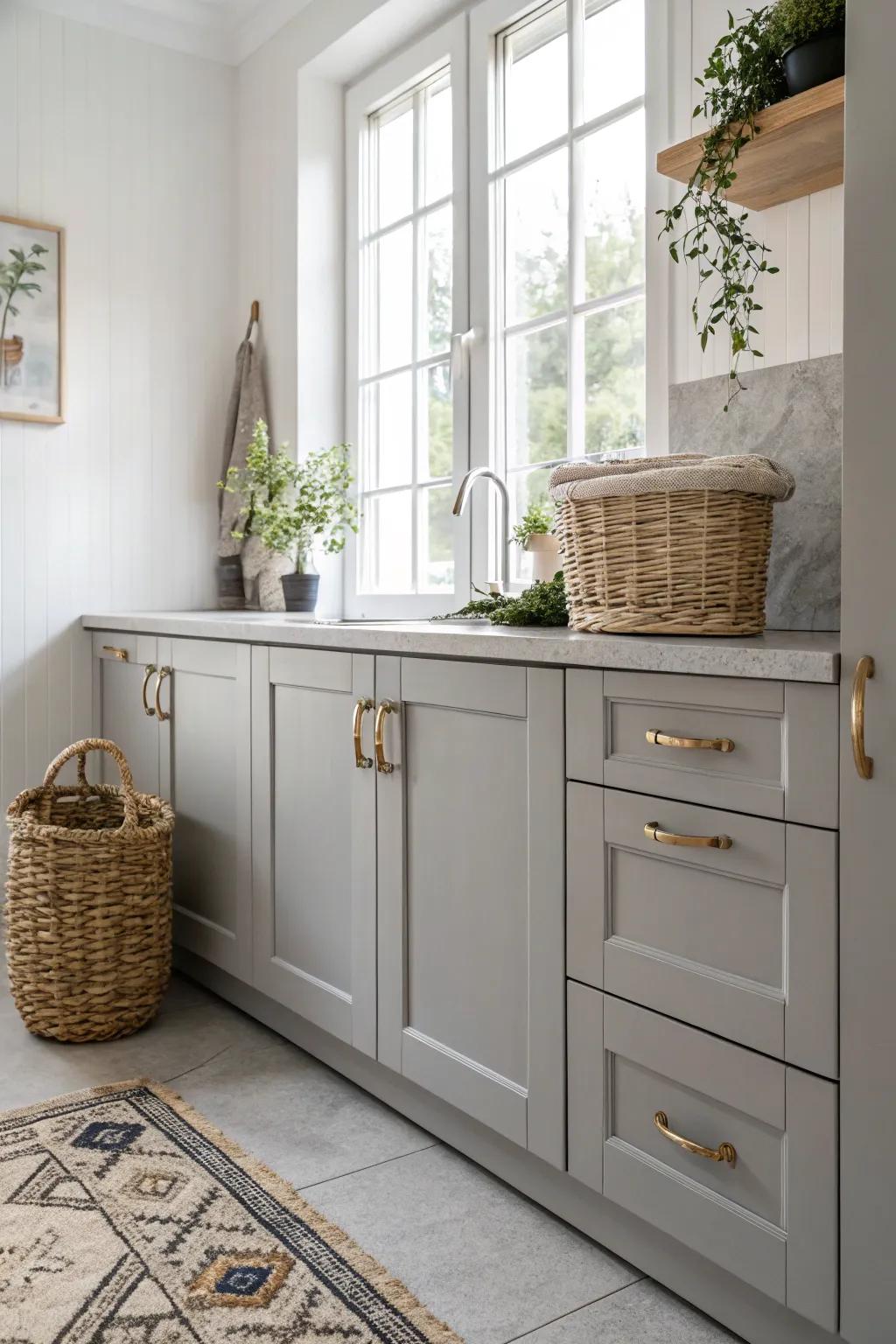 Elevate your kitchen's aesthetic with elegant gray cabinets that blend Scandinavian minimalism with Boho charm.