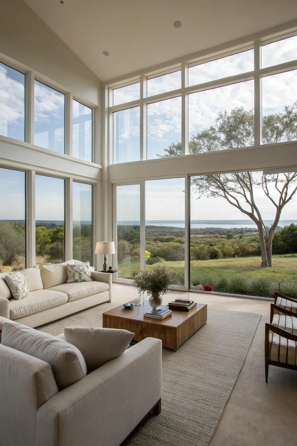 A full window wall creates a seamless connection between the living room and nature.