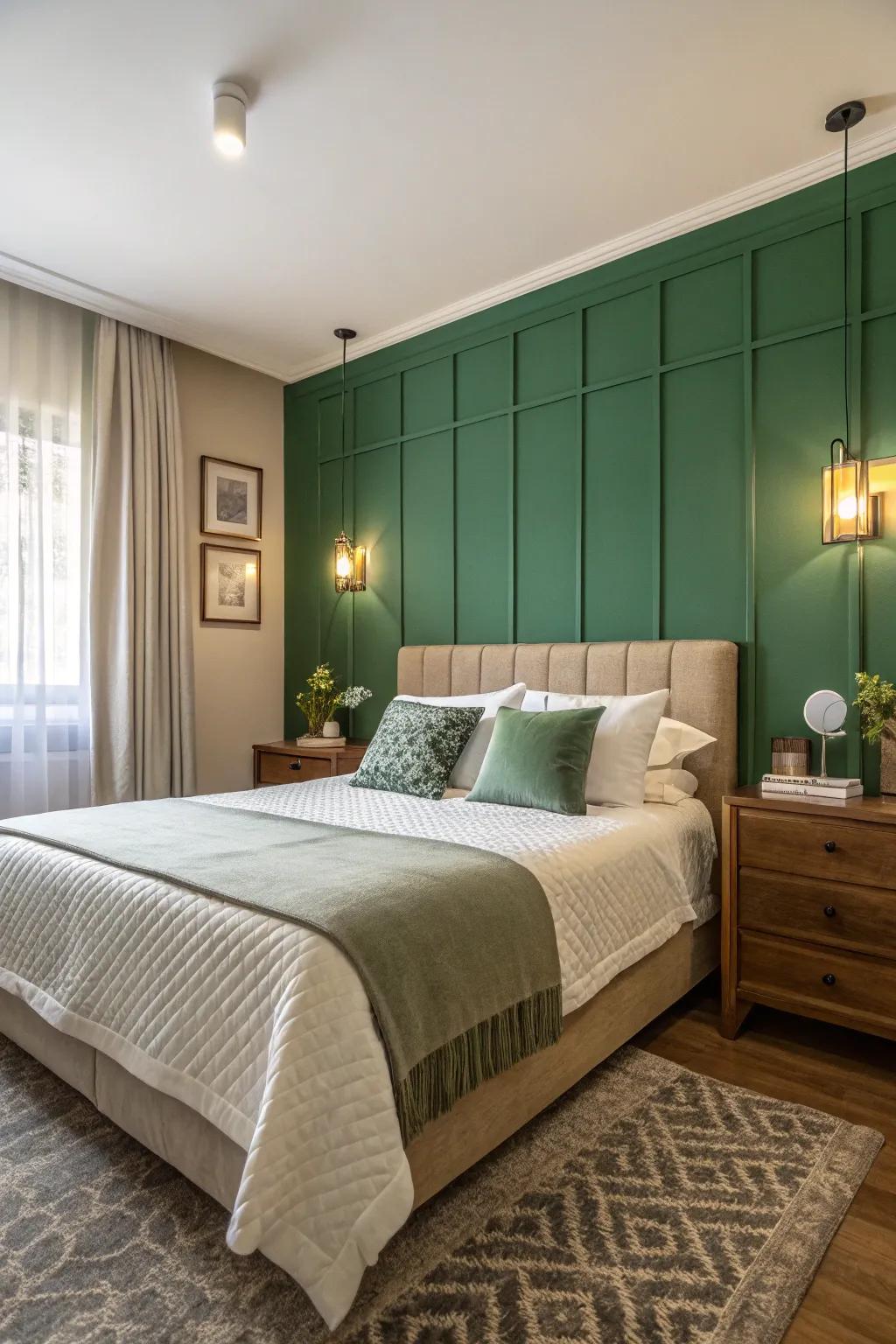A stylish bedroom featuring a green accent wall as a focal point.