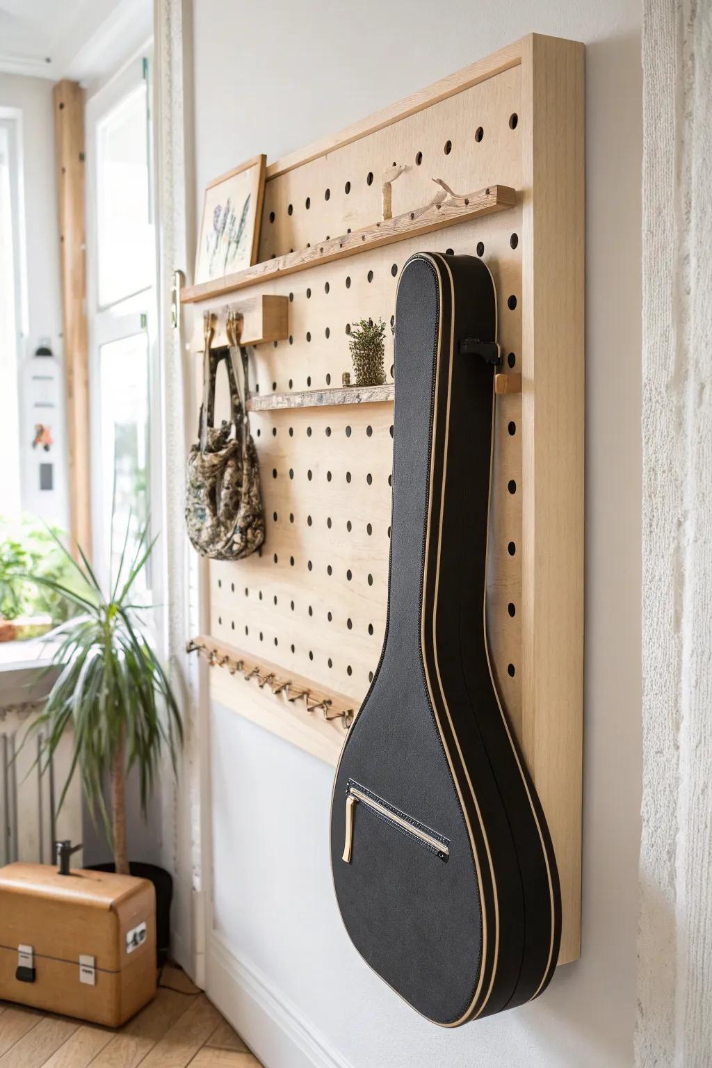 Elevate your guitar storage with a customizable pegboard rack—where minimalist design meets boho elegance.
