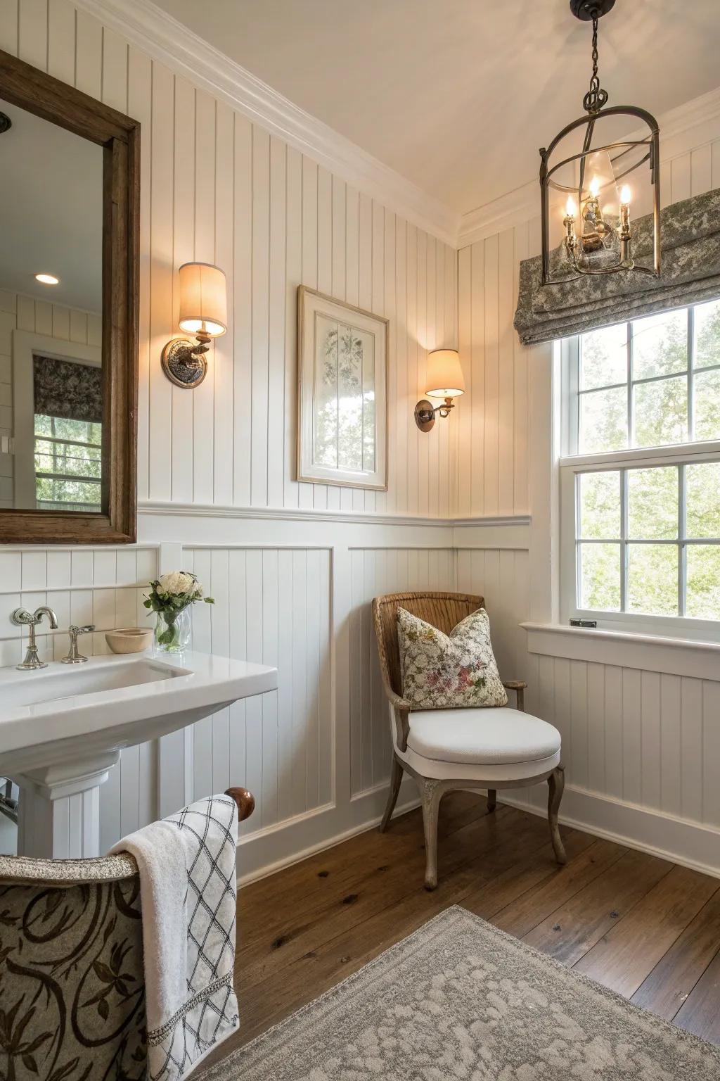 Shiplap adds a spa-like elegance to this bathroom.