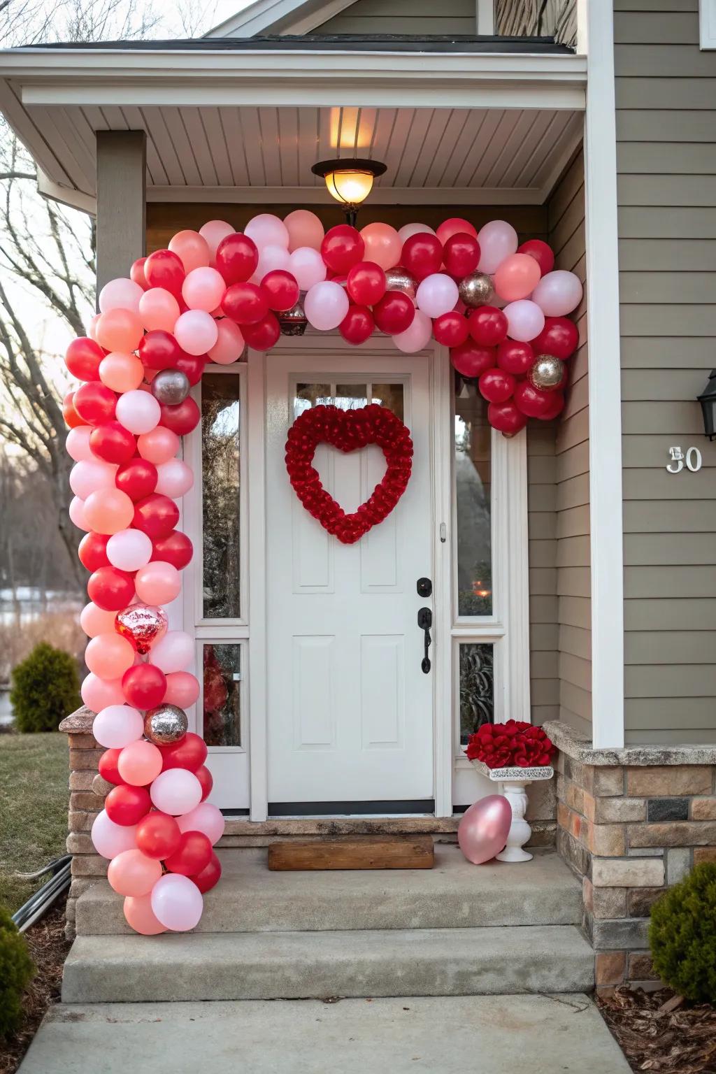 A welcoming heart balloon wreath at the entrance.