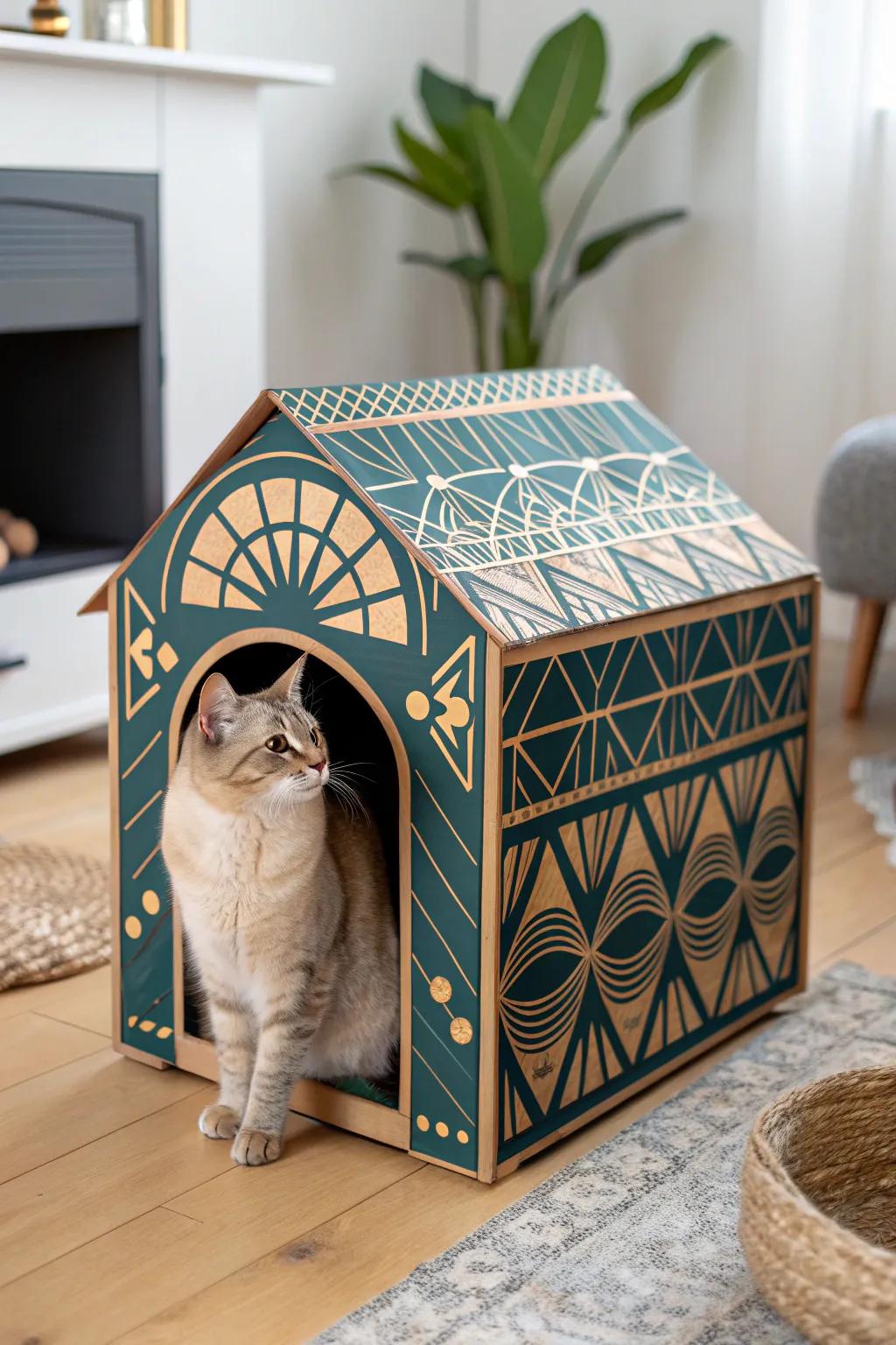Elevate your feline's abode with an Art Deco masterpiece made from simple cardboard!