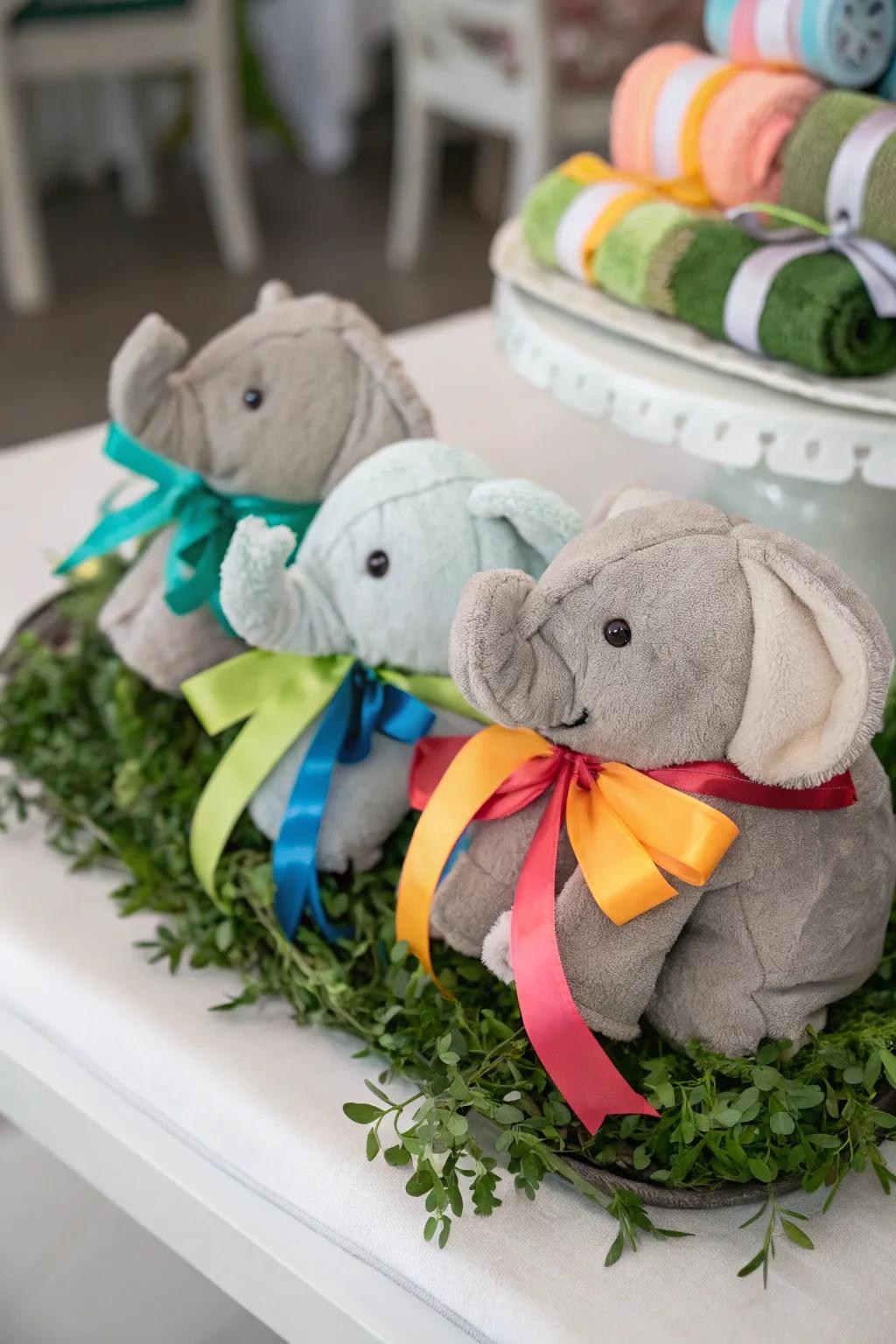 Soft and colorful elephant centerpiece.