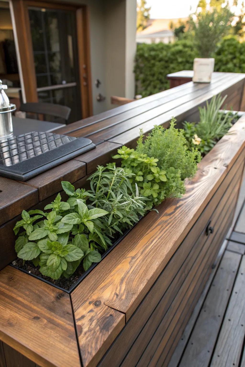 Elevate your outdoor bar with a touch of nature: a built-in herb planter for the freshest cocktails.