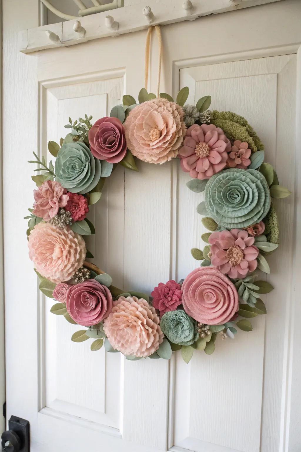 Add a splash of color and charm to your doorway with this handcrafted felt flower wreath, a perfect blend of simplicity and elegance.