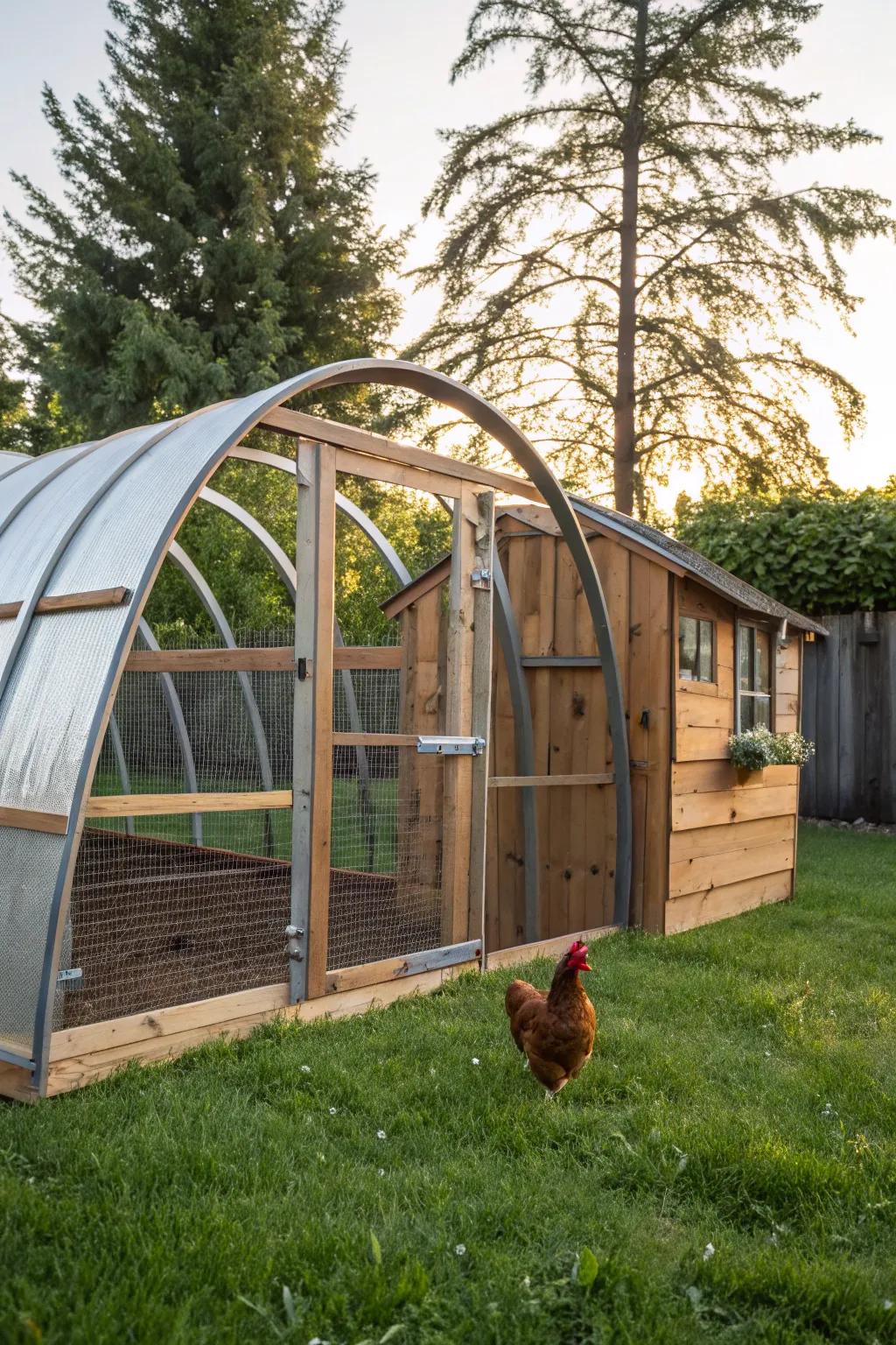 Witness the elegance of nature with this stunning hoop coop design, where rustic charm meets modern functionality.