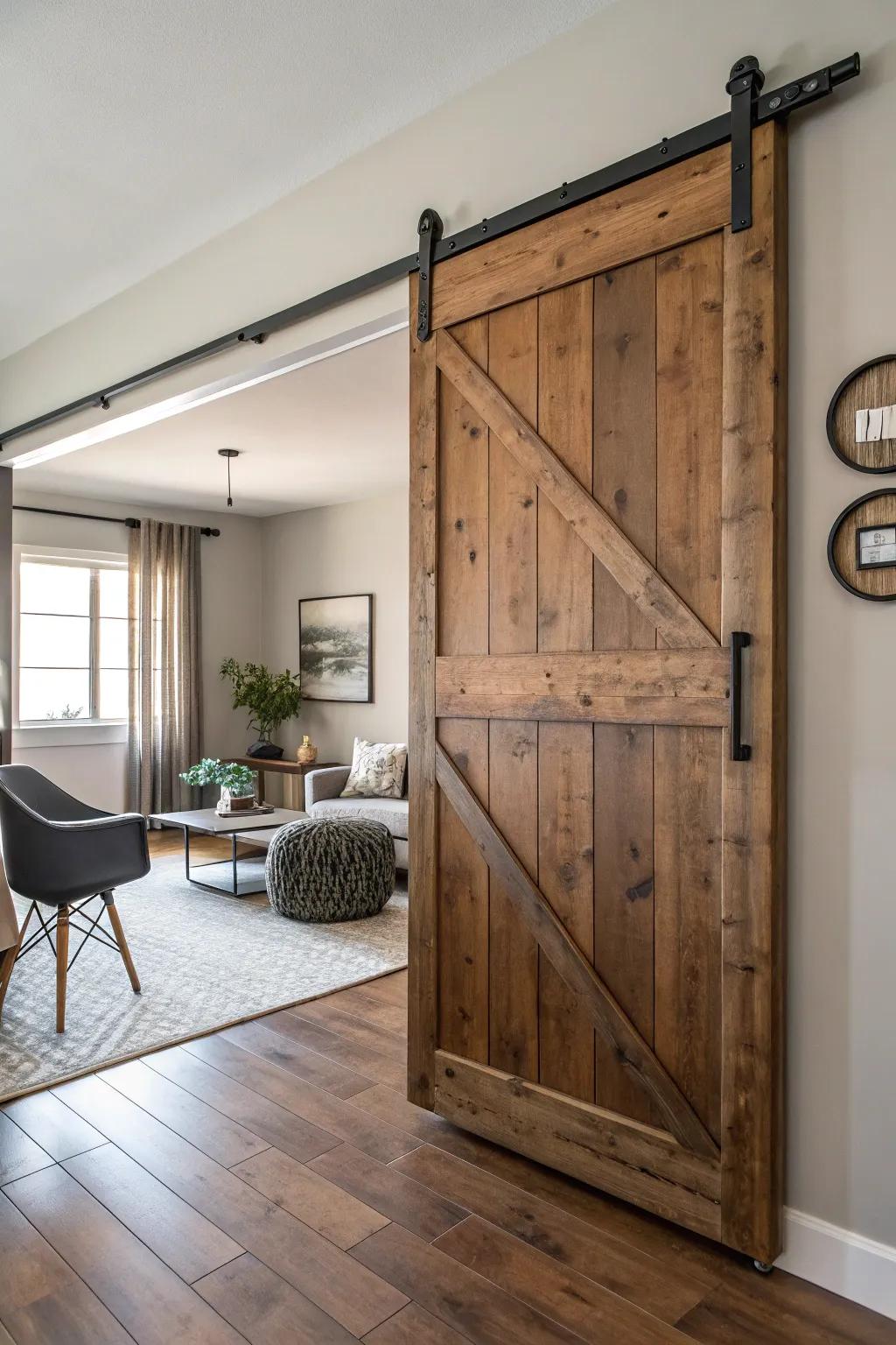 Room with a rustic yet modern sliding barn door.