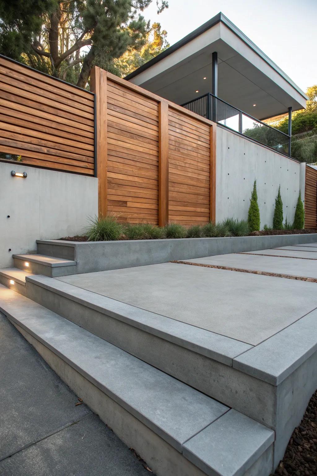 Elevate your outdoor space with a seamless cement terrace for a modern fence upgrade.