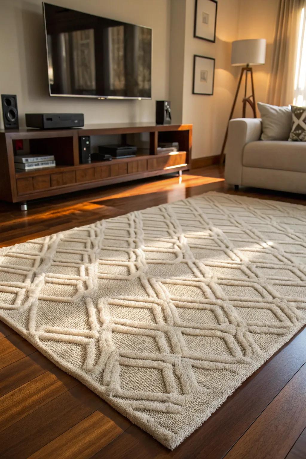 Effortlessly stylish and practical: Hide cords elegantly with a chic rug solution.