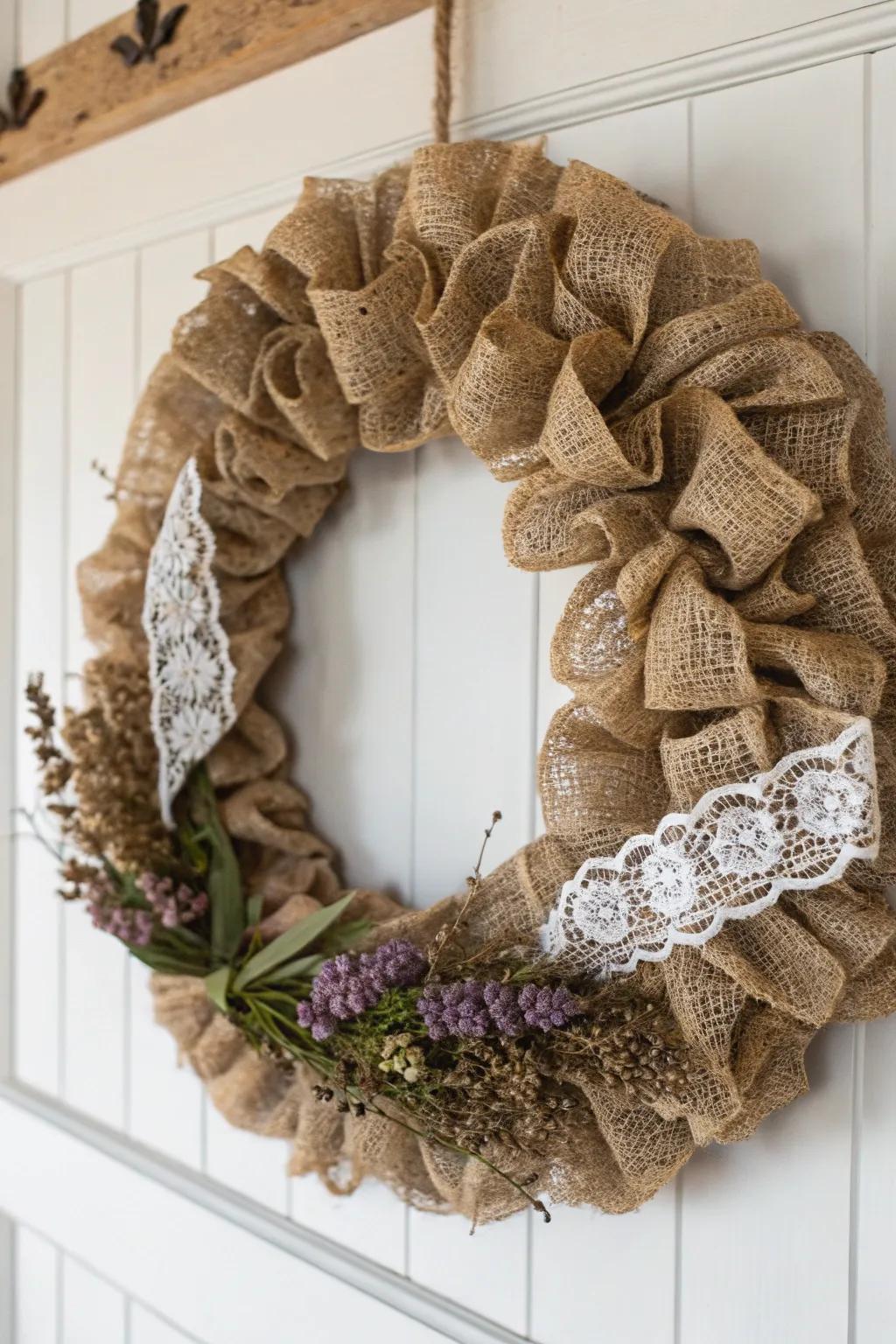 Elevate your space with the rustic elegance of a Burlap and Lace Wreath.