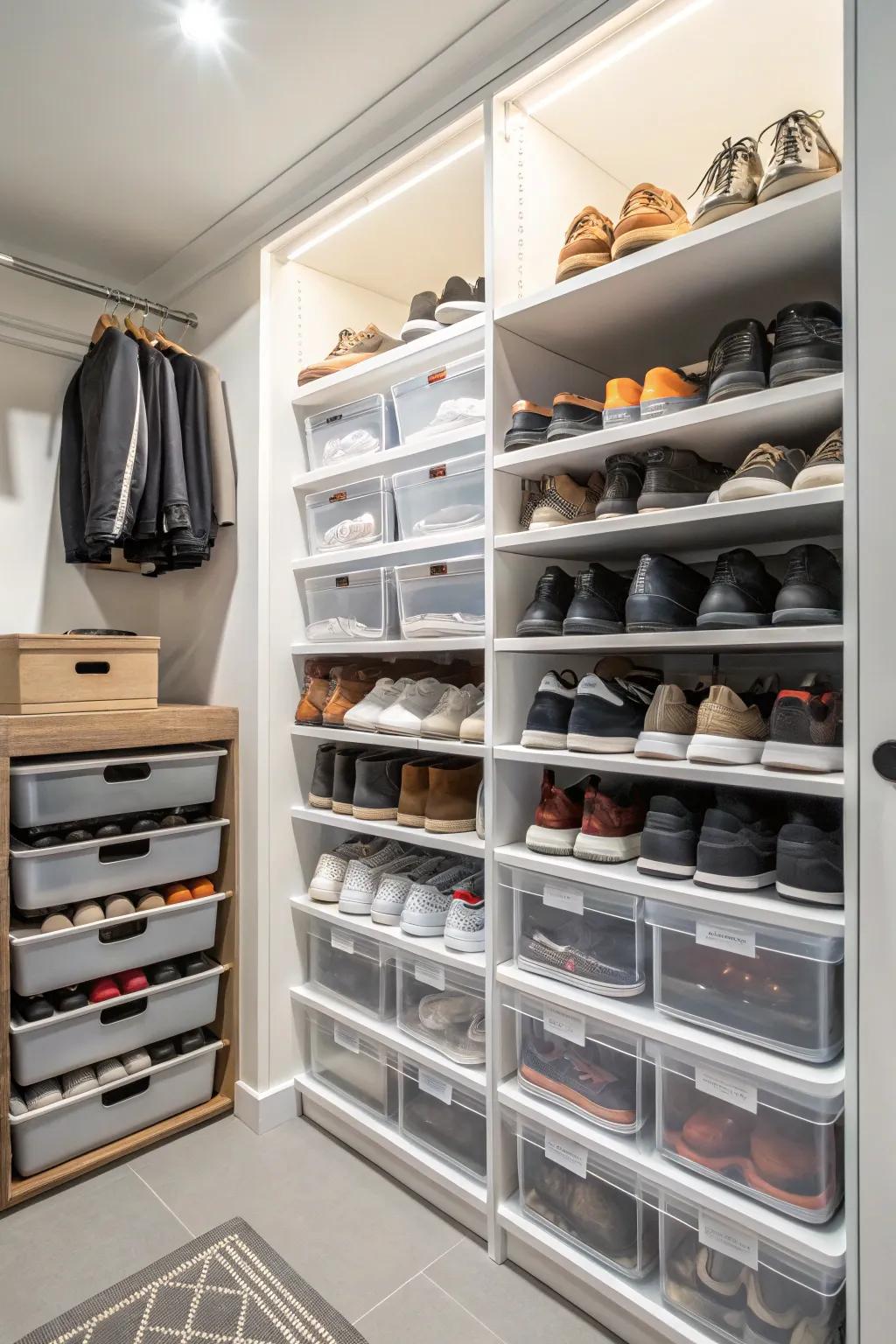 Stacking solutions help maximize space for items like shoes.