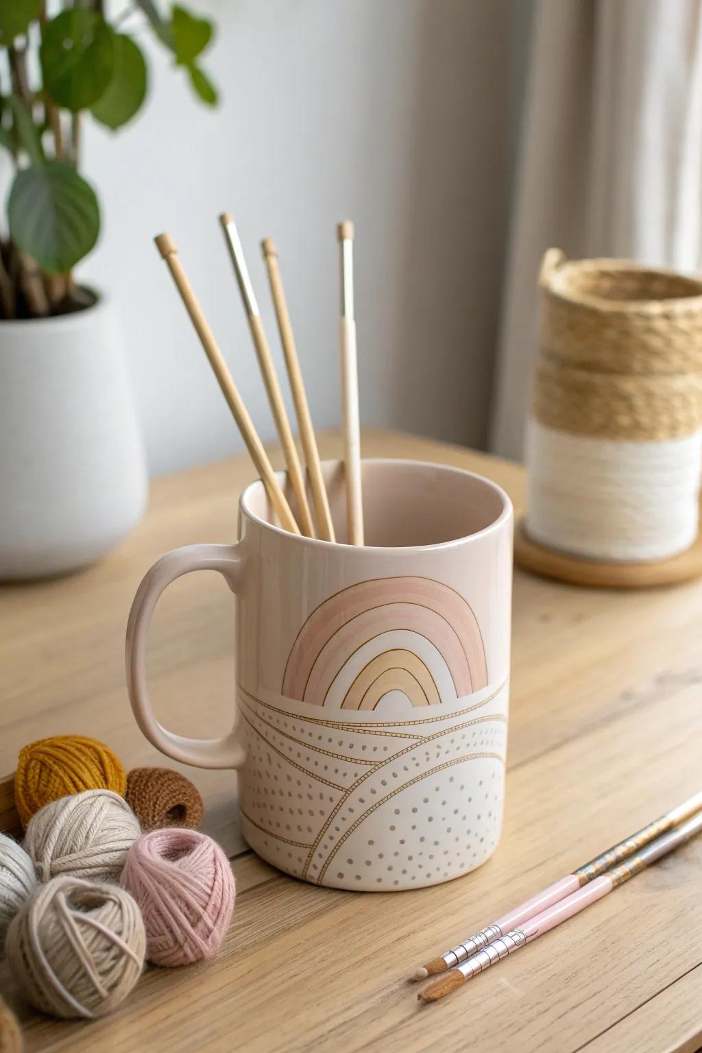 Transform your favorite mug into a chic knitting needle holder for a cozy and stylish touch.