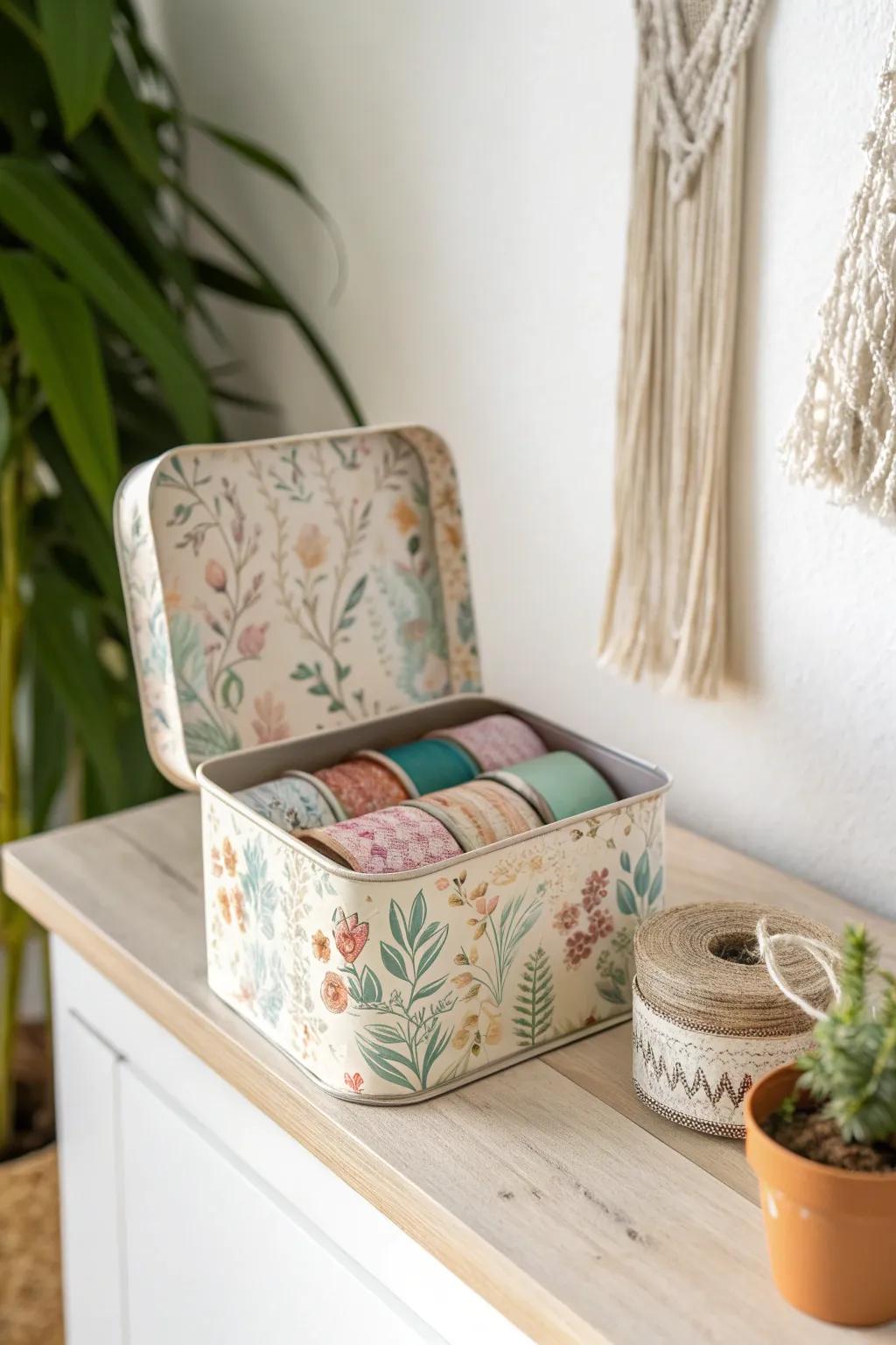 Add a touch of nostalgia to your craft room with vintage tins for ribbon storage.