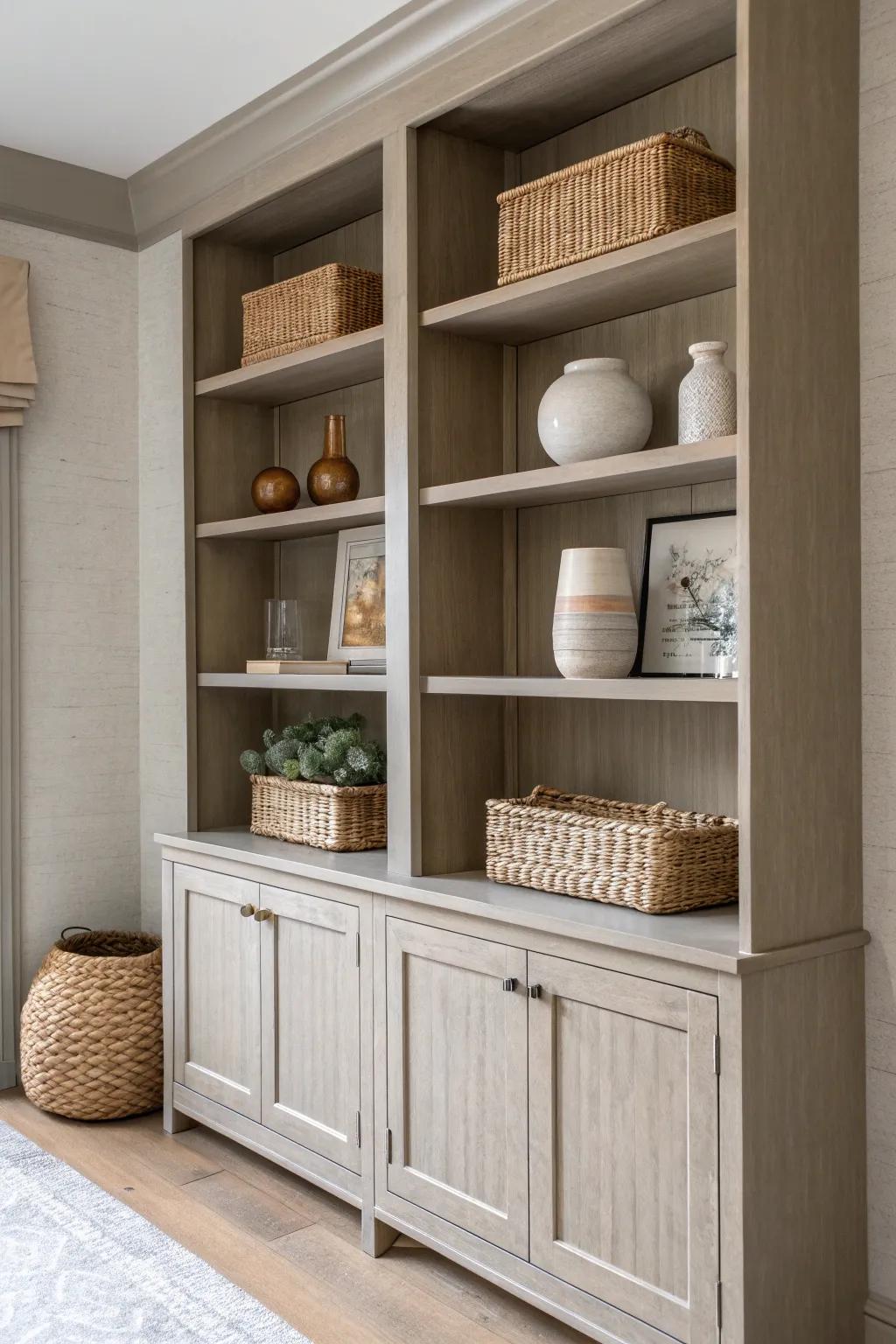 Embrace the elegance of textured neutrals for a timeless bookshelf makeover.