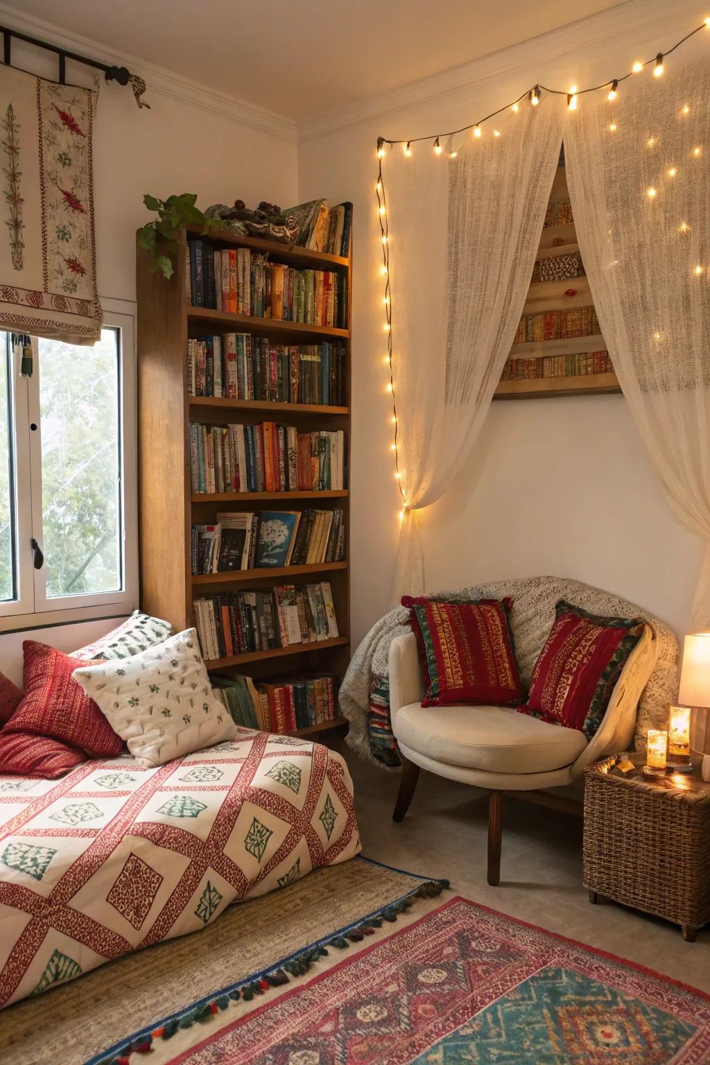 A cozy reading nook invites relaxation and reflection.