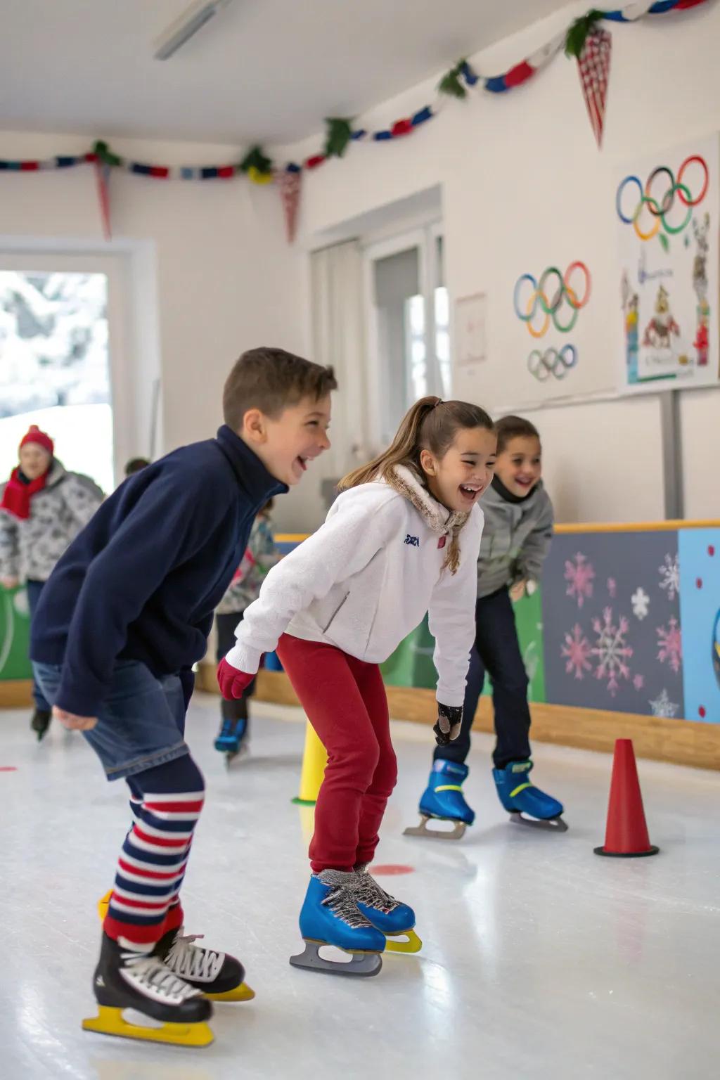 Kids competing in fun indoor winter Olympic games.