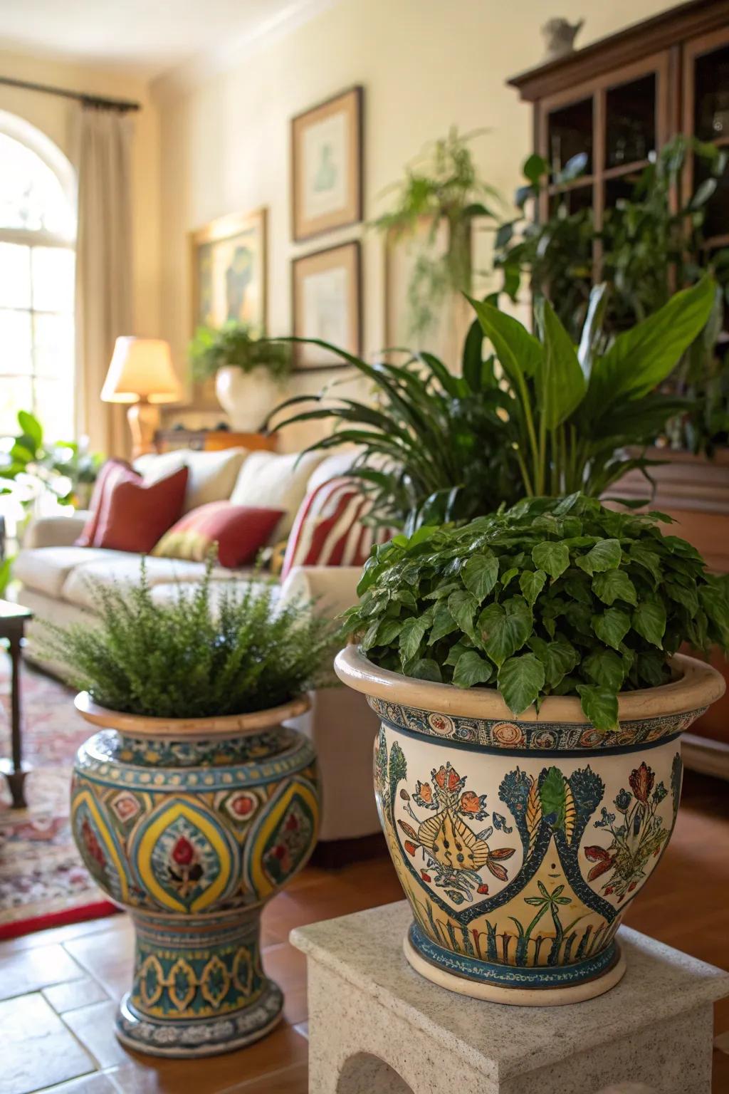 Majolica planters add a colorful and artistic touch to your home decor.