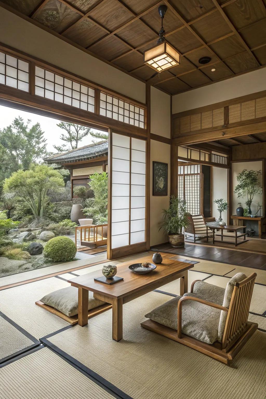 Bamboo elements beautifully integrate nature into this living space.