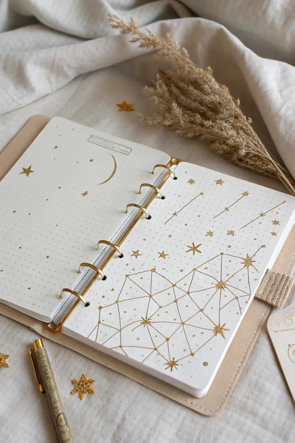Capture the magic of the night sky with a celestial-themed bullet journal cover. Perfect for adding a touch of wonder to your monthly spread.