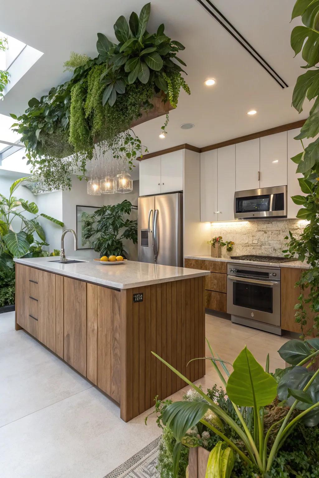 A wood-toned kitchen island brings warmth and a natural touch to the modern kitchen.