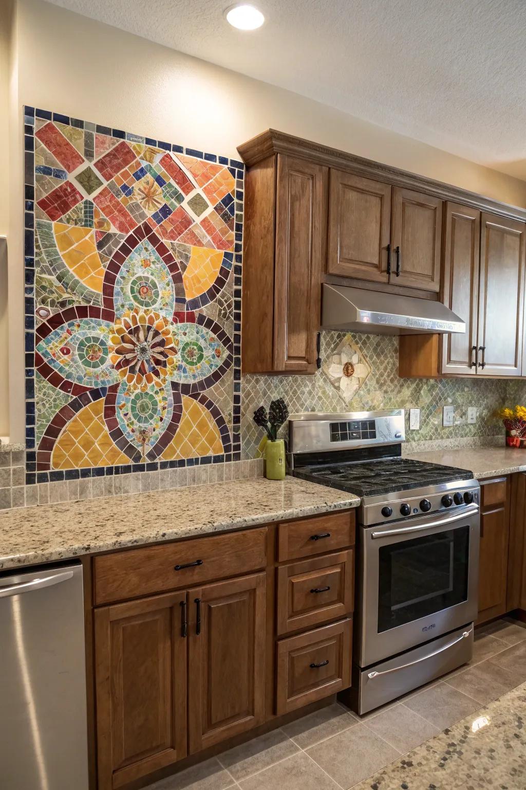 A creative mosaic tile backsplash serves as the focal point in this kitchen.