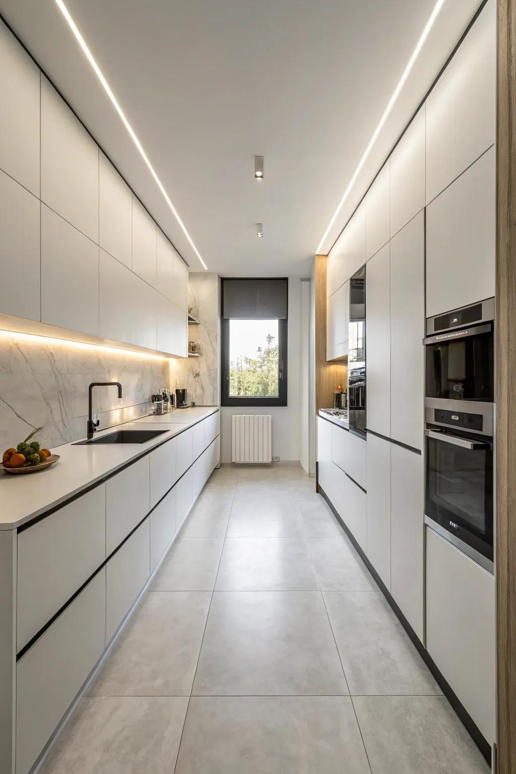 Minimalist design keeps a windowless kitchen feeling uncluttered.