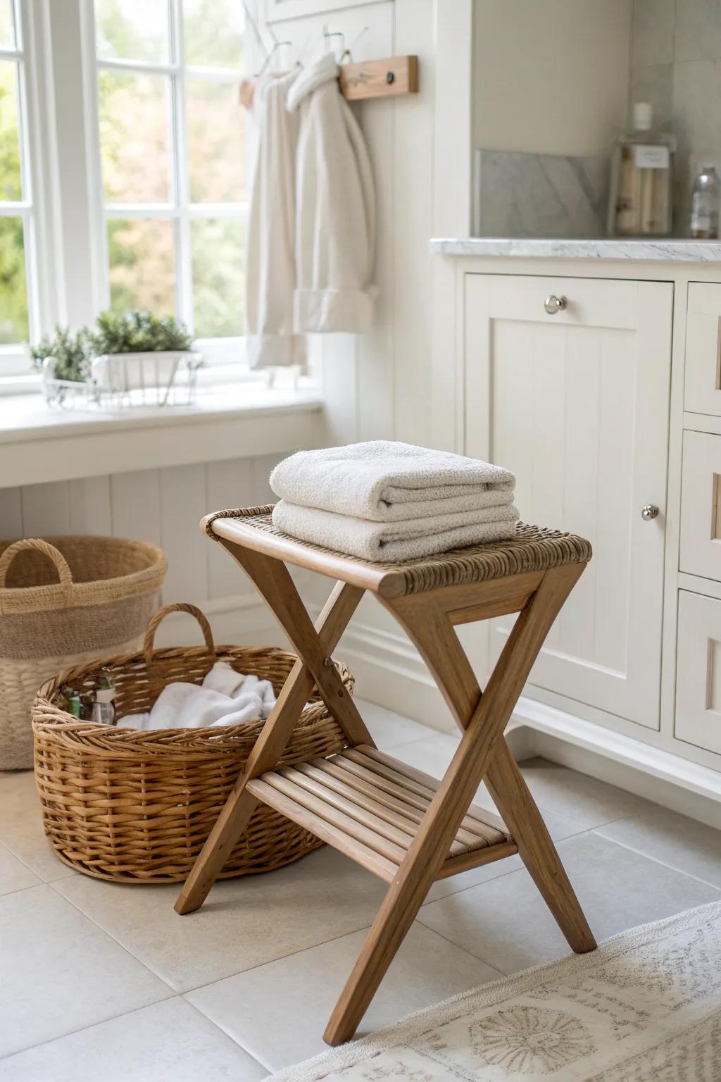 Take a seat and savor the simplicity: a vintage stool perfect for cozy laundry moments.