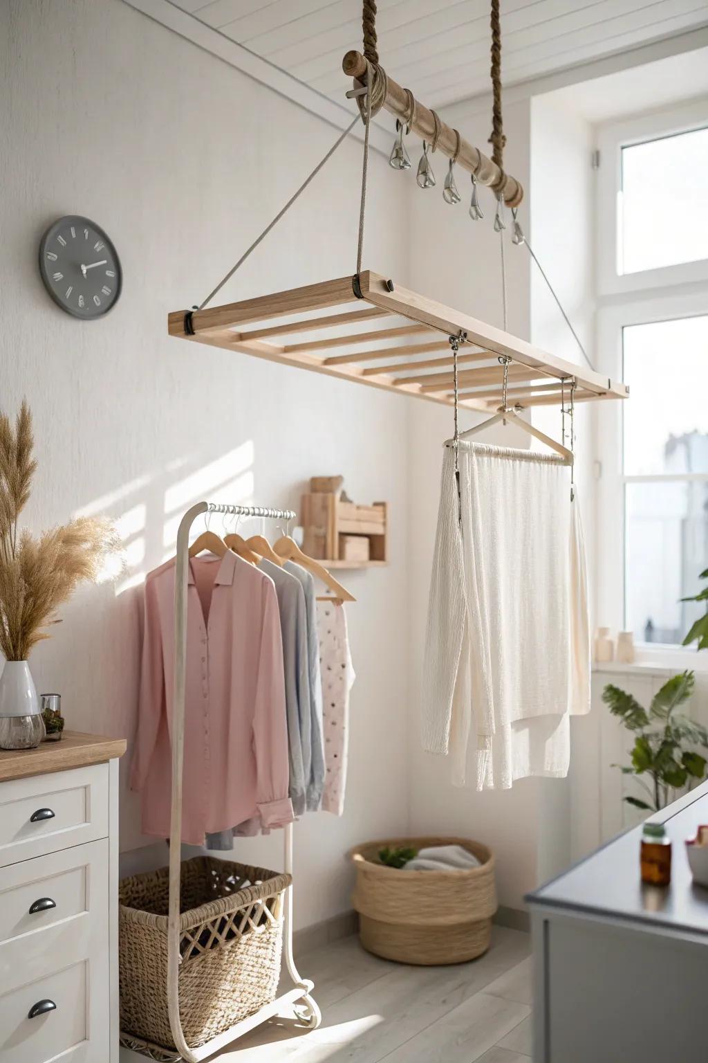Elevate your laundry routine with this chic pulley system, blending Scandinavian simplicity with Boho charm.