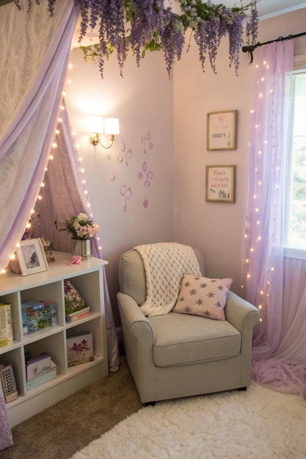 A reading nook offers a cozy retreat.